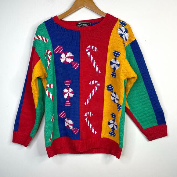 Vintage Lumy Handknit Peruvian Christmas Candy Sweets Cotton Sweater womens M - Picture 1 of 9